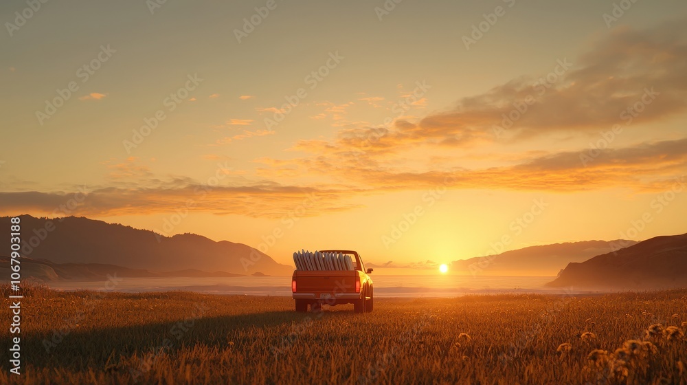 Fototapeta premium Sunset Beach Scene with Pickup Truck and Surfboards