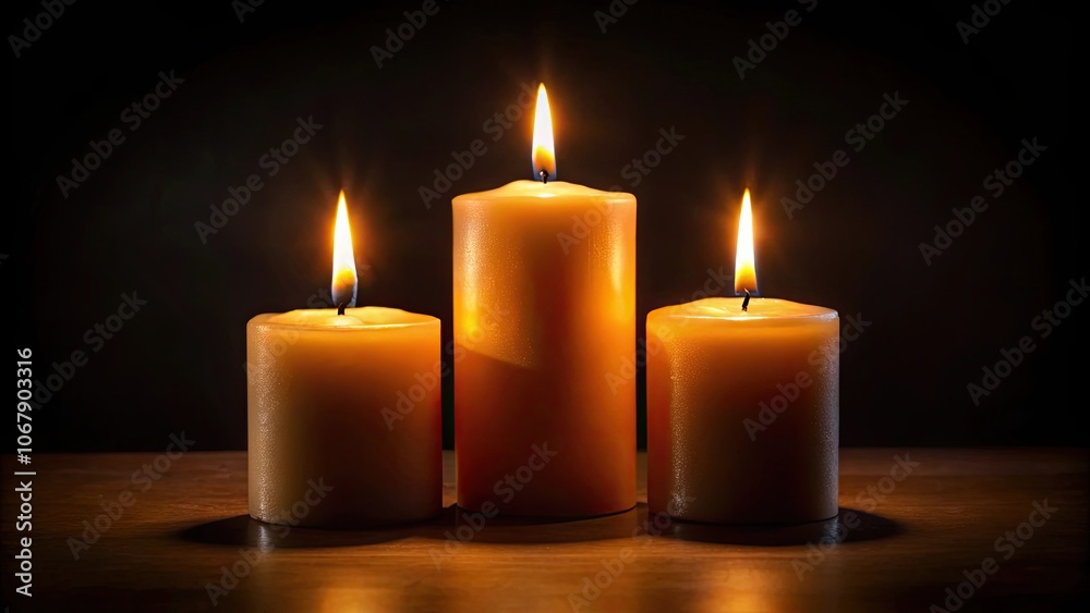 Three candles burning with dancing flame, casting warm light on black background, candles, burn, flame, dancing, light Three candles burning with dancing flame, casting warm light on black background, candles, burn, flame, dancing, light