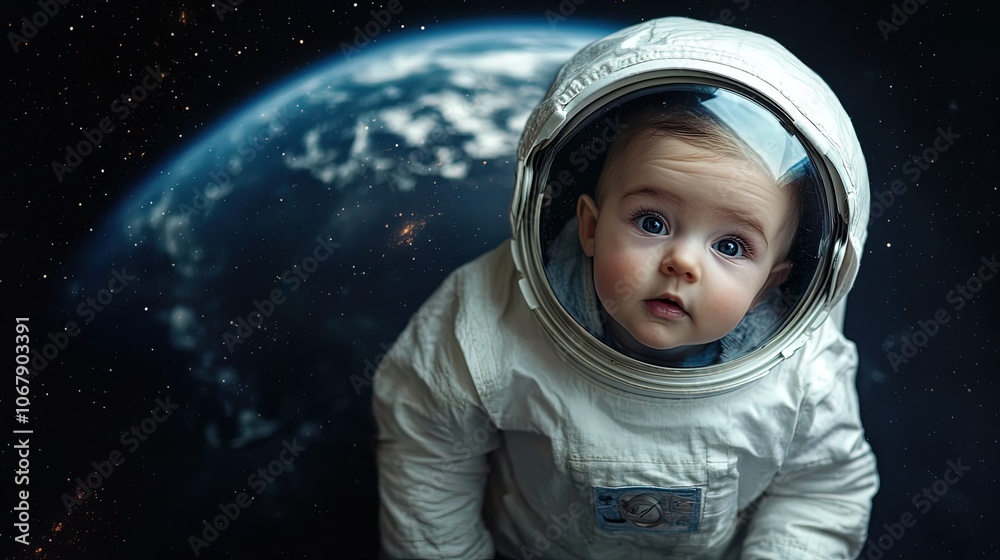 Baby in an astronaut suit with Earth in the background. Baby in an astronaut suit with Earth in the background.