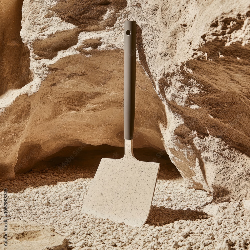 Modern garden spade resting against rocky surface in natural light