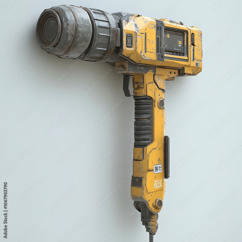 Futuristic yellow power drill mounted on a wall Futuristic yellow power drill mounted on a wall