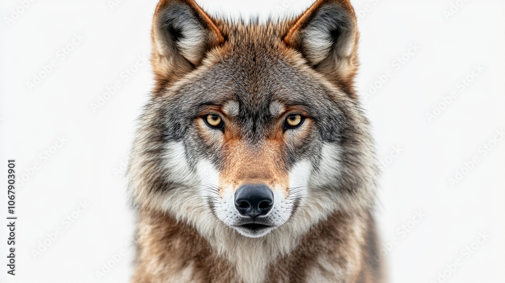 Fototapeta premium a close up of a siberian wolf looking a camera on isolated white background