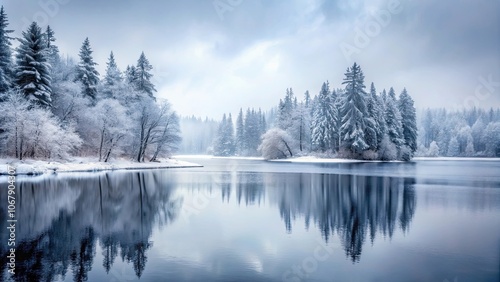 Serene winter scene with frozen lake, misty forest, snowfall, and gray sky, winter, serene, snowy, frozen lake, misty forest