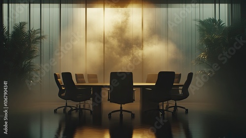 Mysterious boardroom scene with fog and dim lighting