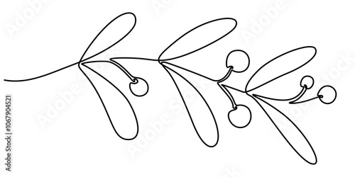 Mistletoe in continuous one line art style. Simple vector illustration, Christmas plant in continuous line drawing style. Line art of holly leaves with berry. Vector illustration. Abstract background.