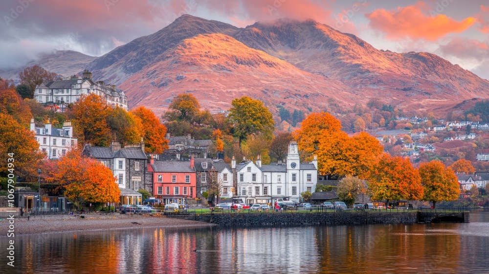 Scenic autumn view of a lakeside village with vibrant foliage and mountains. Scenic autumn view of a lakeside village with vibrant foliage and mountains.
