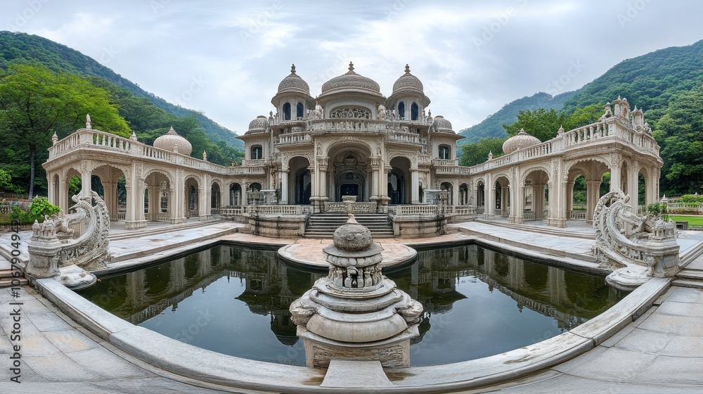 Fototapeta premium A panoramic view of the stunning architecture of the Rani Durgavati Palace in Mandla, emphasizing its historical significance and natural surroundings