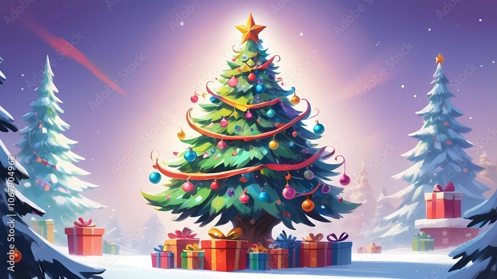 picture of a decorated Christmas tree in cartoon style on a white background picture of a decorated Christmas tree in cartoon style on a white background