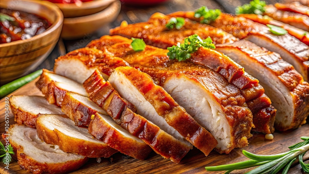 Close-up of delicious Chinese roasted crispy pork , Chinese cuisine, food photography Close-up of delicious Chinese roasted crispy pork , Chinese cuisine, food photography