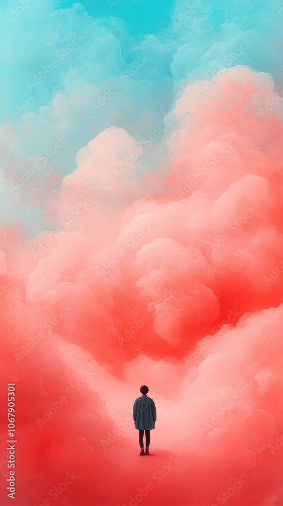 Surreal Landscape with Person Standing in Pink and Blue Clouds Surreal Landscape with Person Standing in Pink and Blue Clouds