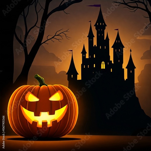 Halloween pumpkin with shadow of castle at night