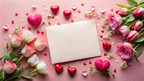 Valentine's Day card surrounded by hearts and flowers on pink table, love, romance, holiday, celebration, pink