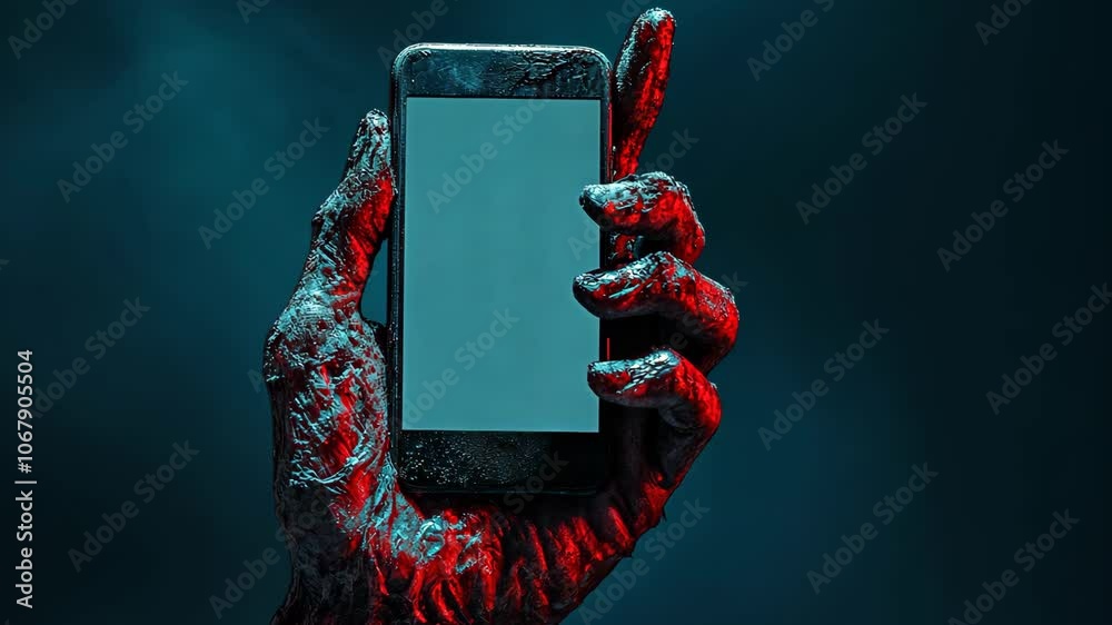 A skeletal hand holds a smartphone with a blank screen, its red, decaying fingers gripping the device tightly