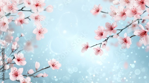 Cherry blossoms elegantly bloom against a soft blue bokeh background, creating a dreamy and serene atmosphere in springtime