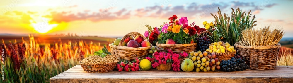 A vibrant display of fresh fruits and grains against a sunset backdrop, showcasing nature's bounty and the beauty of harvest. A vibrant display of fresh fruits and grains against a sunset backdrop, showcasing nature's bounty and the beauty of harvest.