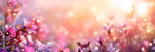 Dew-covered wildflowers with a bright, sunlit bokeh background, creating a vibrant, fresh spring morning look