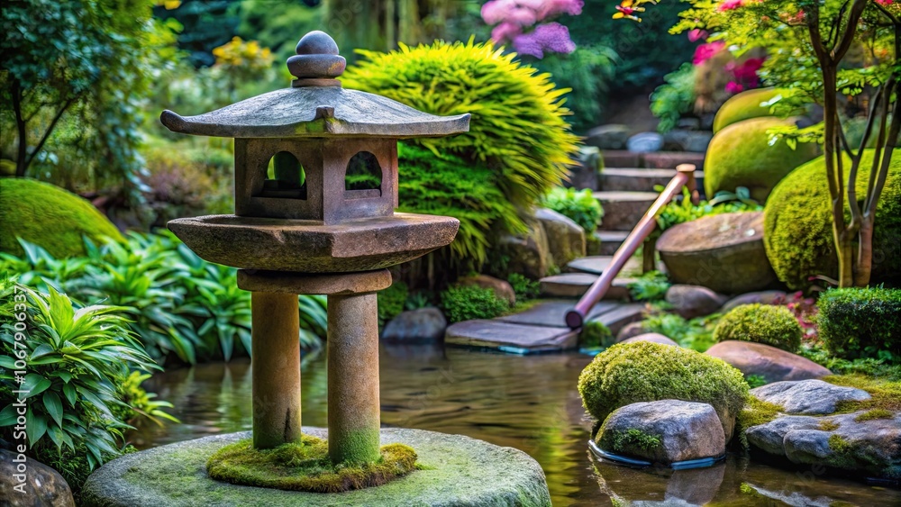 Minimal Japanese garden at home with stone lantern, bamboo fountain, moss, and flowers, Japanese, garden, home Minimal Japanese garden at home with stone lantern, bamboo fountain, moss, and flowers, Japanese, garden, home