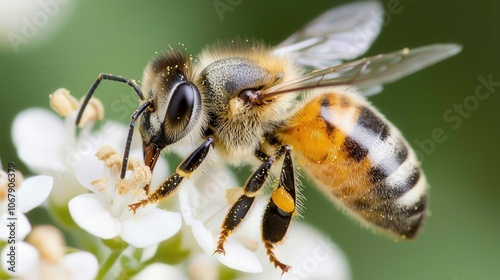 Closeup of a Bee Collecting Pollen on a White Flower