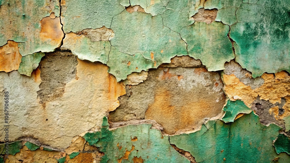 Abstract Texture of Weathered and Cracked Wall with Peeling Paint in Shades of Green, Yellow, and Brown Abstract Texture of Weathered and Cracked Wall with Peeling Paint in Shades of Green, Yellow, and Brown