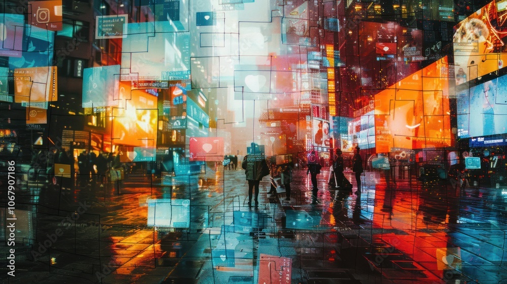 Obraz premium Cityscape Overwhelmed by Digital Media