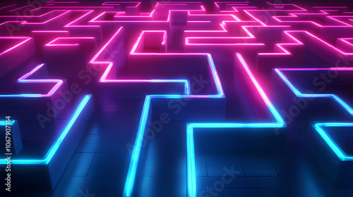 digital marketing strategies visualized as a complex maze of neon light paths. Neon. Illustration