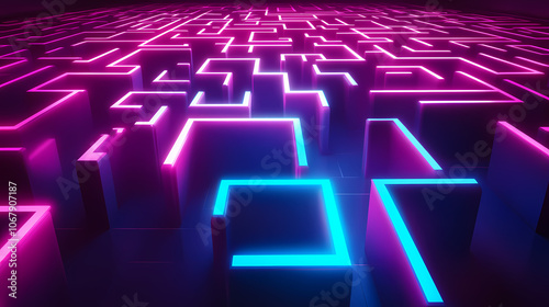 digital marketing strategies visualized as a complex maze of neon light paths. Neon. Illustration