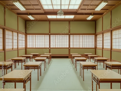 Classic Japanese school setup with traditional desks and chairs, capturing the orderly, minimalist style of Japan classrooms