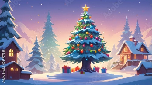 picture of a decorated Christmas tree in cartoon style on a white background