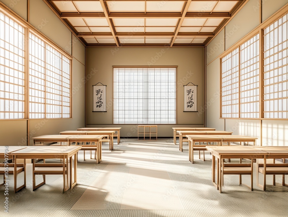 Classic Japanese school setup with traditional desks and chairs, capturing the orderly, minimalist style of Japan classrooms Classic Japanese school setup with traditional desks and chairs, capturing the orderly, minimalist style of Japan classrooms
