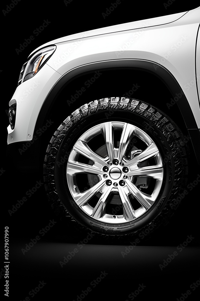 Stylish Alloy Wheel Close-Up Shiny Silver Tire on Black Background Stylish Alloy Wheel Close-Up Shiny Silver Tire on Black Background
