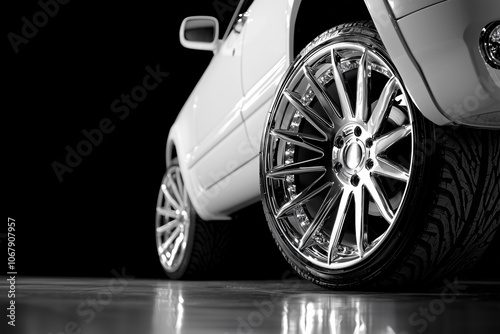 Close-Up of Luxury Chrome Alloy Wheel with Reflective Finish in Dark Background photo