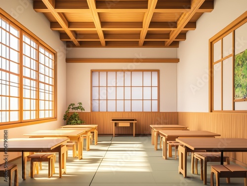 Classic Japanese school setup with traditional desks and chairs, capturing the orderly, minimalist style of Japan classrooms