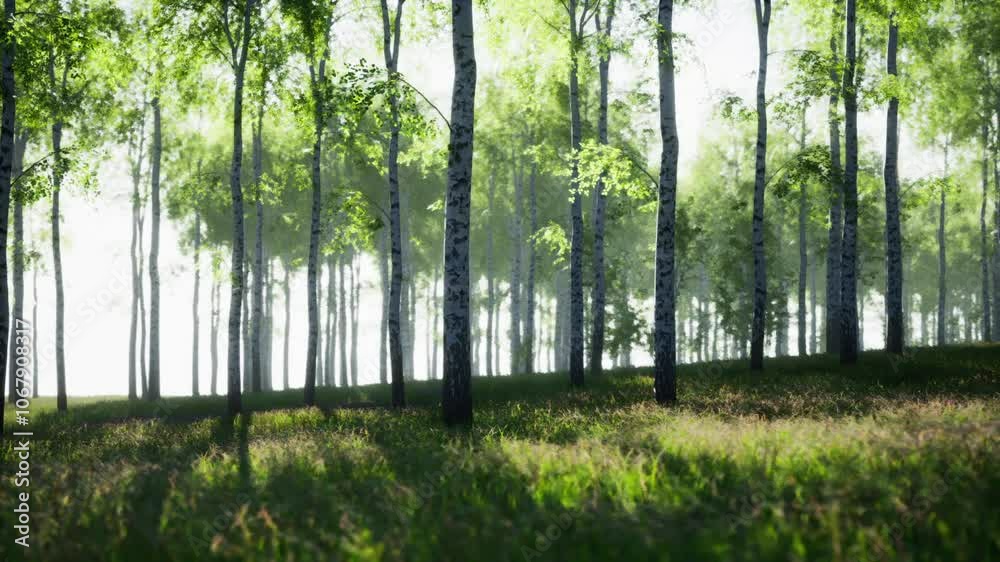 A painting featuring a dense grove of birch trees in a lush forest setting with green foliage and dappled sunlight.