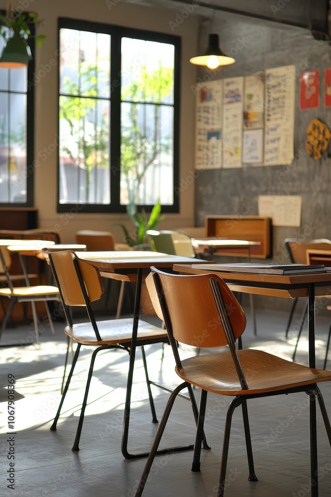 Classroom chairs and desks in a retro educational setup, creating an old-school ambiance that highlights the vintage furniture style Classroom chairs and desks in a retro educational setup, creating an old-school ambiance that highlights the vintage furniture style