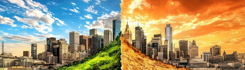 A split image contrasting a vibrant green landscape with a blue sky on one side and a dry, orange-toned cityscape under a sunset on the other. A split image contrasting a vibrant green landscape with a blue sky on one side and a dry, orange-toned cityscape under a sunset on the other.