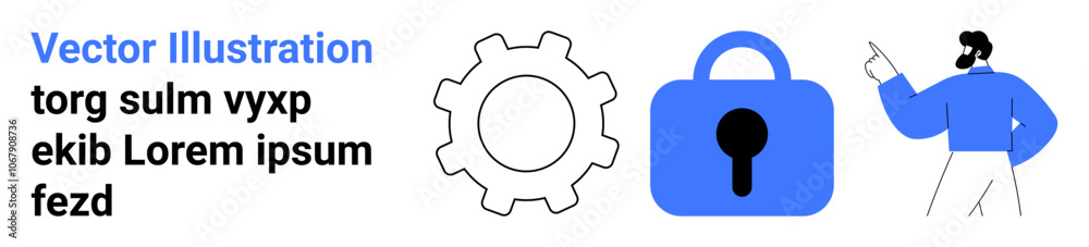 Gear icon, blue lock symbol, and character pointing at text. Ideal for teamwork, collaboration, data security, privacy, software development, IT services, digital transformation. Banner for landing Gear icon, blue lock symbol, and character pointing at text. Ideal for teamwork, collaboration, data security, privacy, software development, IT services, digital transformation. Banner for landing
