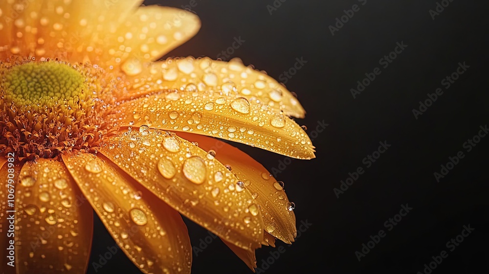 Close-up of an orange flower with water droplets on its petals. Close-up of an orange flower with water droplets on its petals.