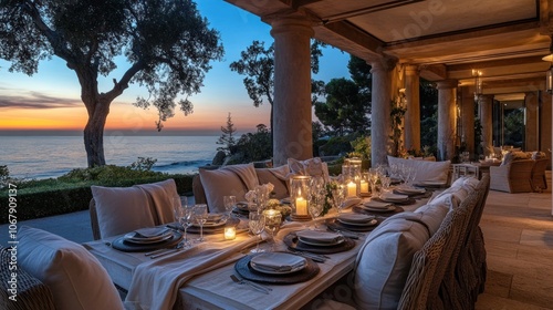 A romantic dinner setting on a patio overlooking the ocean at sunset.