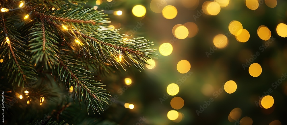 Close-up of Christmas tree branches with warm bokeh lights. Close-up of Christmas tree branches with warm bokeh lights.