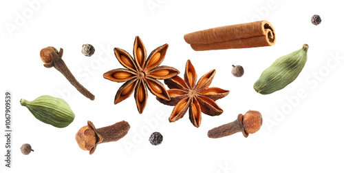 Vászonkép Cloves, cinnamon, anise, cardamom and mix of peppers in air on white background