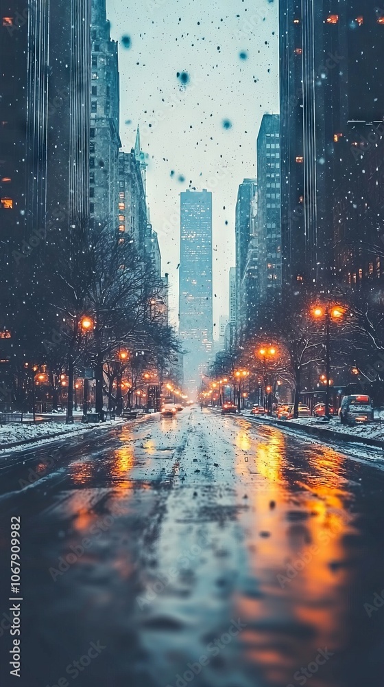 Fototapeta premium A snow-covered city street with glowing lights and tall buildings in the background.