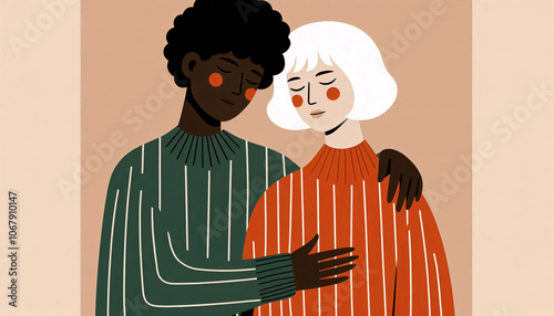 Illustration of diverse couple of interracial women hugging and showing their emotional connection, LGBTQ diversity multicultural interracial intergender photo