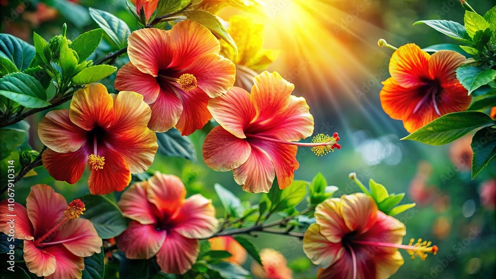 Tropical Blooms Bathed in Sunlight, a symphony of crimson, gold, and green Tropical Blooms Bathed in Sunlight, a symphony of crimson, gold, and green