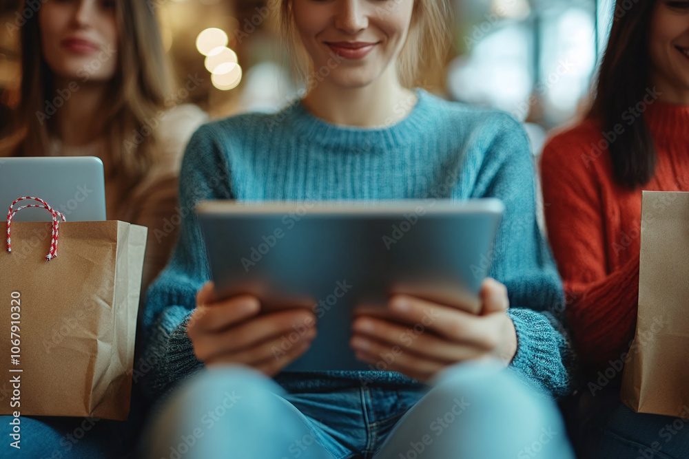 excited friends sitting together with their laptops and tablets, looking at Black Friday deals. excited friends sitting together with their laptops and tablets, looking at Black Friday deals.