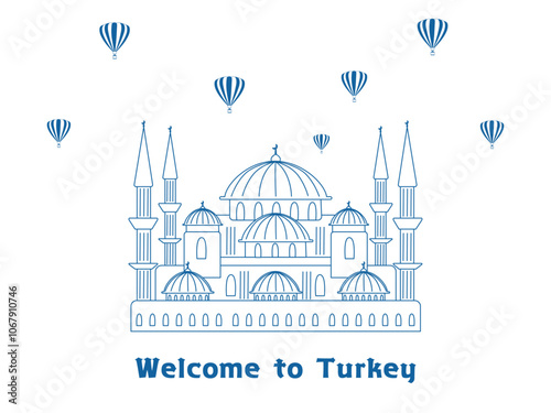トルコの観光イメージ、モスクと気球の線画イラスト