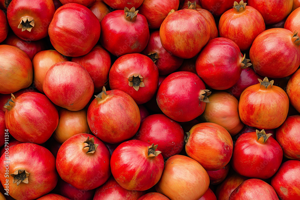 a vibrant assortment of pomegranates in red, orange, and yellow hues, each with a distinctive crown. The pomegranates' natural beauty and variations are highlighted. a vibrant assortment of pomegranates in red, orange, and yellow hues, each with a distinctive crown. The pomegranates' natural beauty and variations are highlighted.