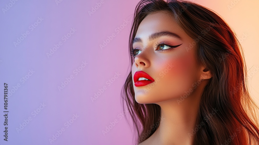 Portrait of a beautiful woman with red lipstick and eyeliner Portrait of a beautiful woman with red lipstick and eyeliner