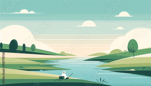 Fototapeta Naklejka Na Ścianę i Meble -  Minimalistic abstract green landscape with hills and river in countryside, wallpaper illustration background