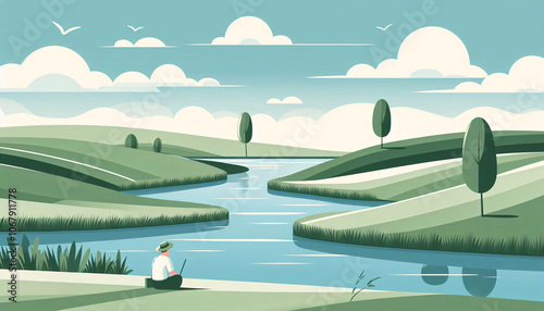 Fototapeta Naklejka Na Ścianę i Meble -  Minimalistic abstract green landscape with hills and river in countryside, wallpaper illustration background