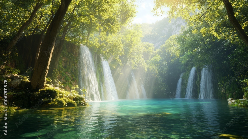 Ethereal Temptation: Surreal Landscape with Bright Waterfalls and Dark Abyss Symbolizing Moral Dilemma Ethereal Temptation: Surreal Landscape with Bright Waterfalls and Dark Abyss Symbolizing Moral Dilemma